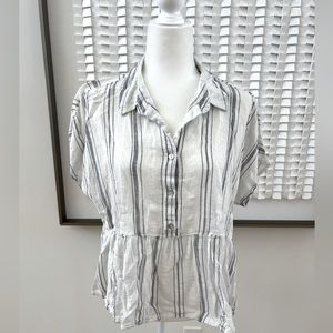 Cynthia Rowley Linen/Rayon White with Navy Stripe Peplum Blouse - Size L